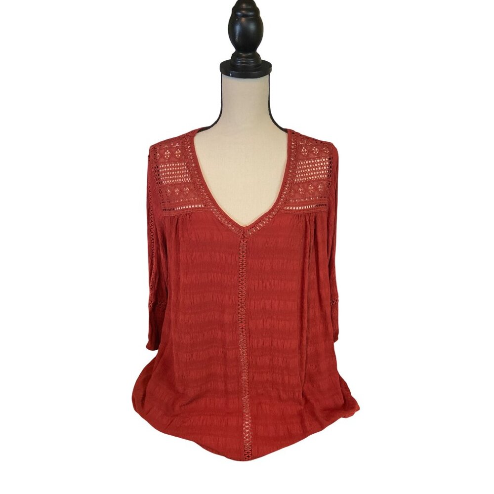 Studio Woman JPR Womens Blouse 1X Rust Red Lace Crochet V-Neckline Pheasant Boho